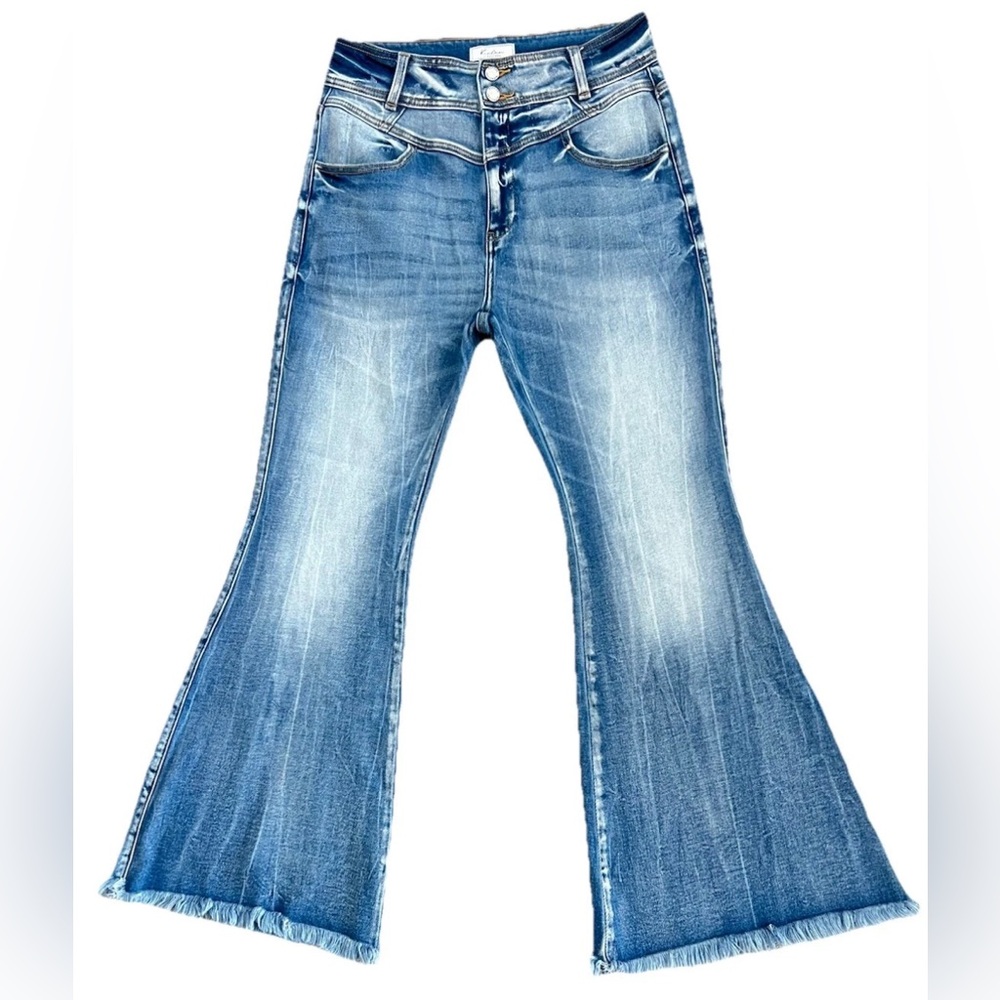 KanCan Skye High Rise Super Flare Stretch Blue Jeans Raw Hem Boutique Denim 30